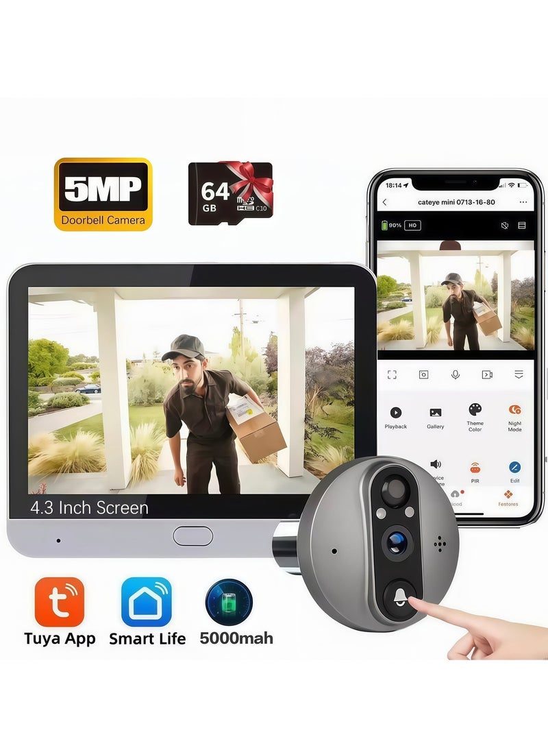 Door Viewer Camera D300, 5MP Wire-Free Doorbellwith 4.3" LCD Display,with 64GB Memory Card，5000mAh Rechargeable Battery, 145° Wide View, Motion Detection Alerts, Night Vision - Image 1